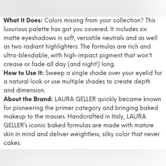 LAURA GELLER LAURA'S ESSENTIALS SOFT SATINS 6 EYESHADOWS+2 HIGHLIGHTERS PALETTE. - Picture 4 of 4